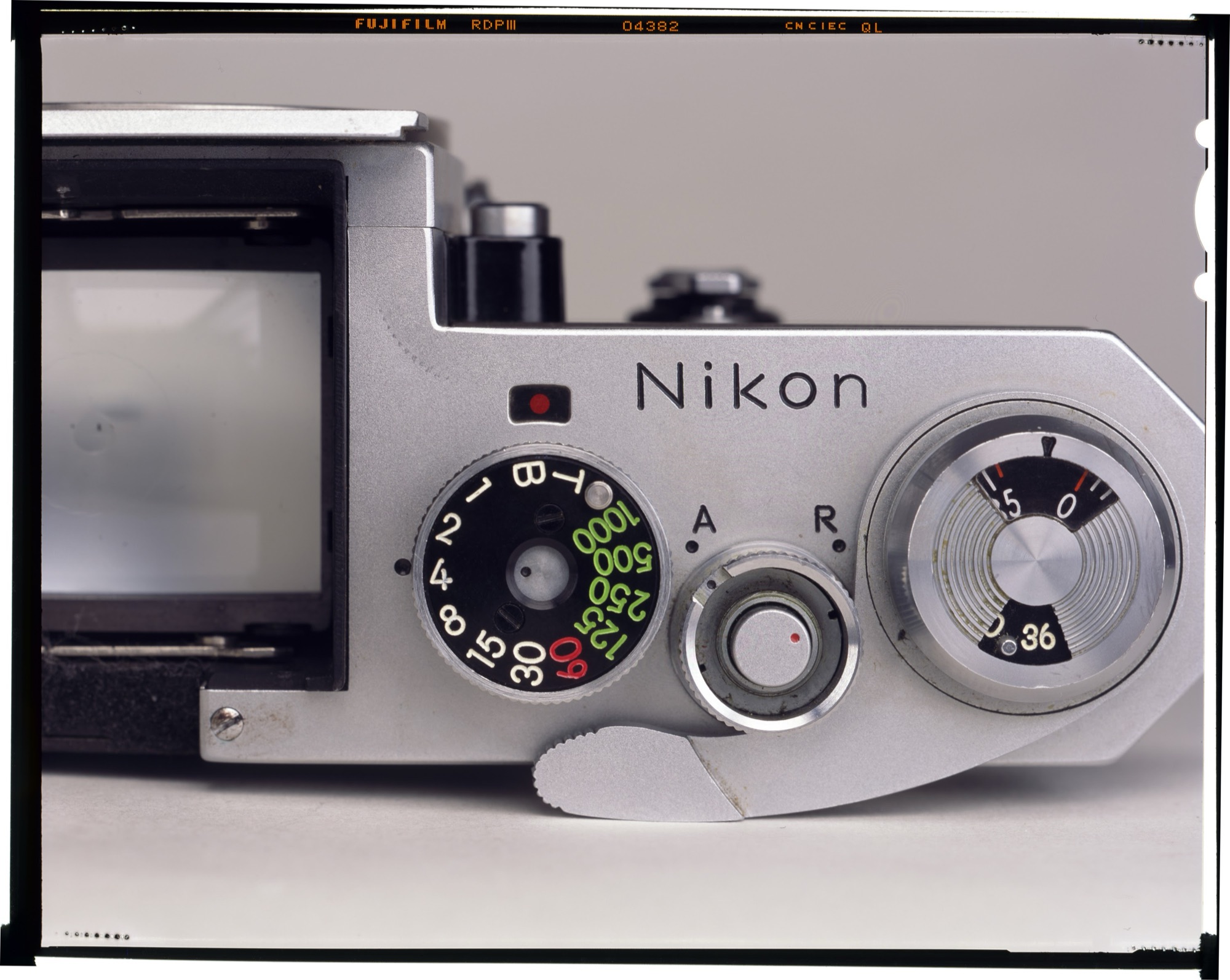 Close-up of a vintage Nikon film camera